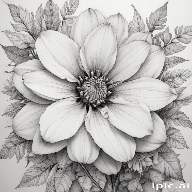 Intricate Black and White Illustration of a Beautiful Flower with Leaves