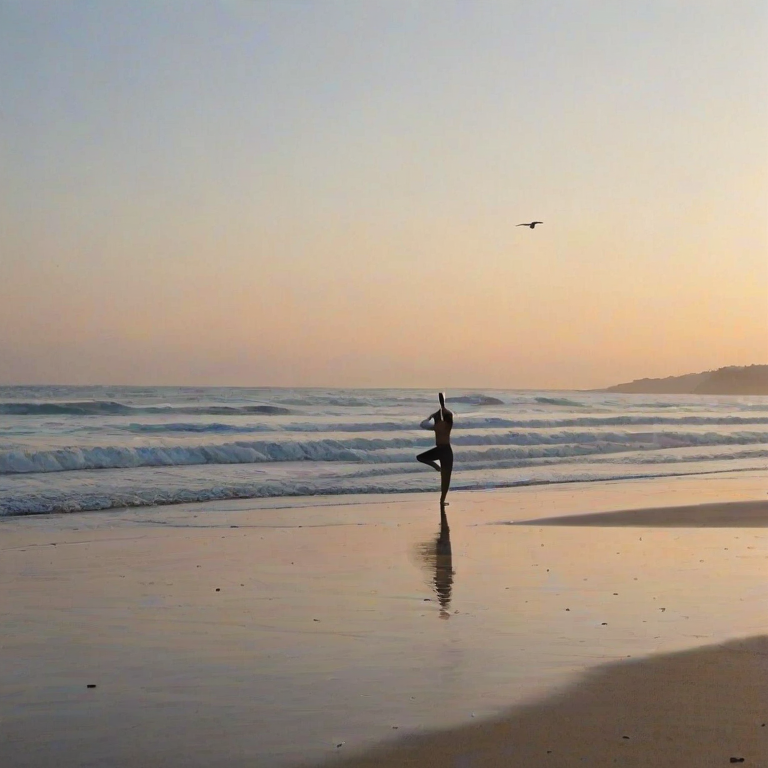 Tranquil beach scene at dawn, with gentle waves lapping at the shore, a lone figure practicing yoga on the sand, and seagulls soaring in the clear sky.
