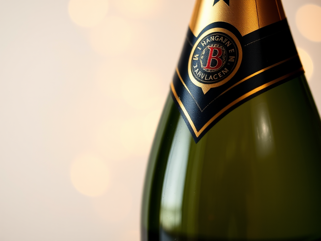 Create a high-resolution image of a champagne bottle against a soft-focus background, using a DSLR camera with a 50mm lens, aperture set to f/1.8, ISO 100, and a shutter speed of 1/200 sec for crisp detailing and a blurred backdrop.