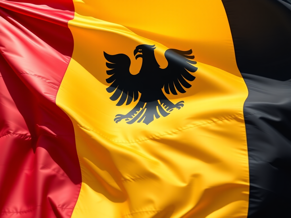 Create a vibrant and high-resolution image of the German flag with the following settings: camera type - DSLR, camera style - landscape, camera view - straight on, aperture - f/8, shutter speed - 1/250s, ISO - 100, lighting - bright daylight.