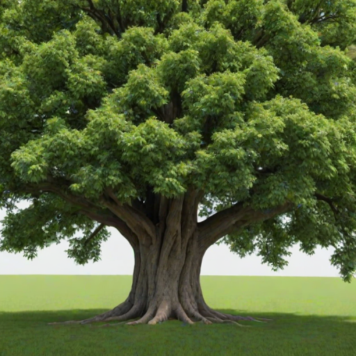 generate an image of a large, lush green tree with a full canopy and a strong trunk, set against a clear background