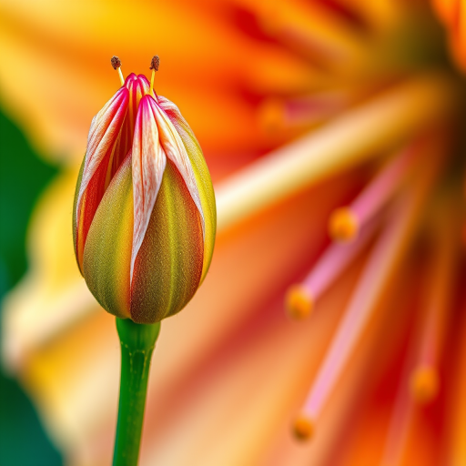 Create a highly detailed and colorful illustration of a flower with a bud on a stem, using a macro lens with a shallow depth of field, natural lighting, and a DSLR camera to capture fine textures and vibrant colors.