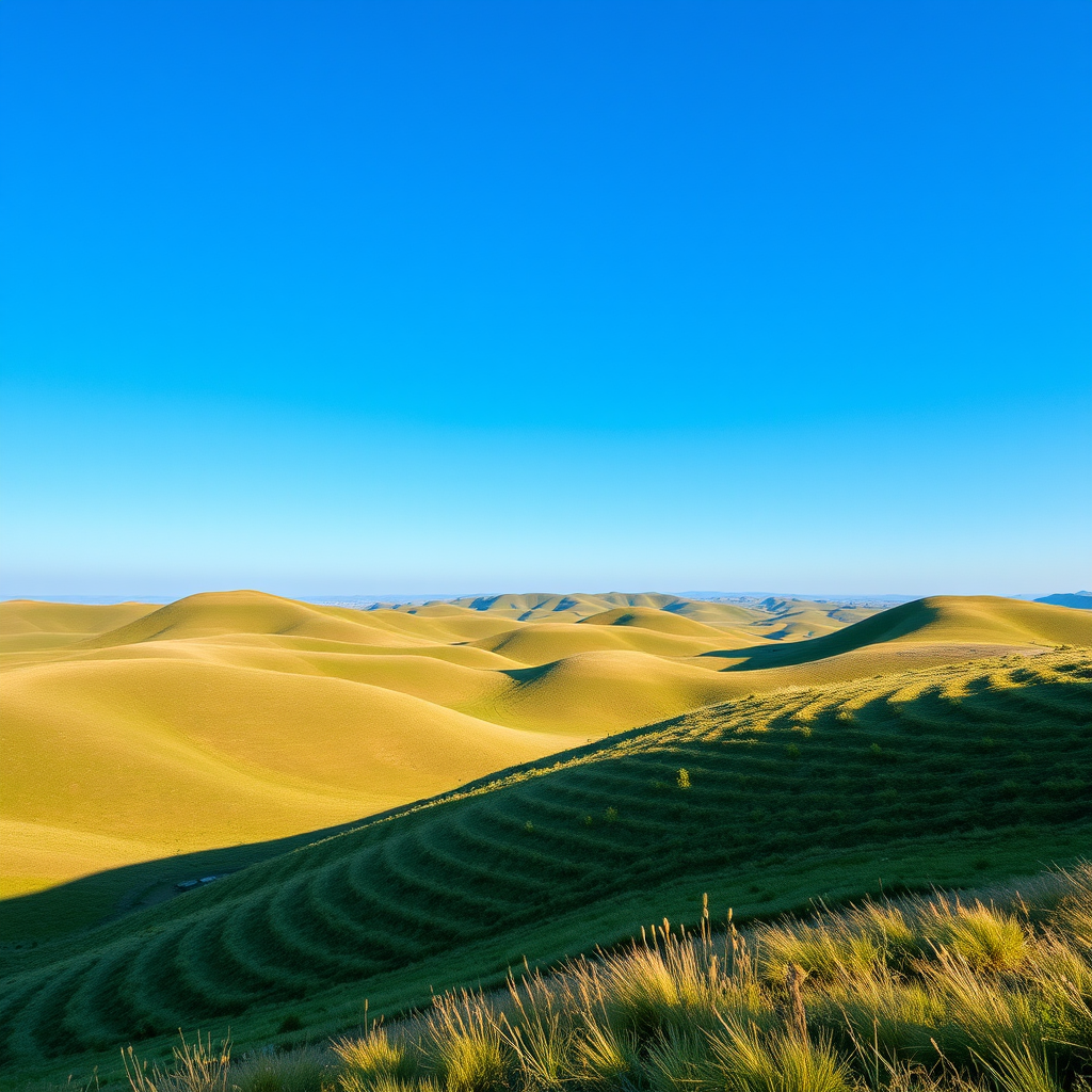 Generate a high-resolution image of a serene landscape featuring rolling hills under a clear blue sky, shot with a Canon EOS R5, 24mm lens, f/8 aperture, 1/200s shutter speed, ISO 100, taken from a wide-angle perspective with vibrant colors and fine detail.