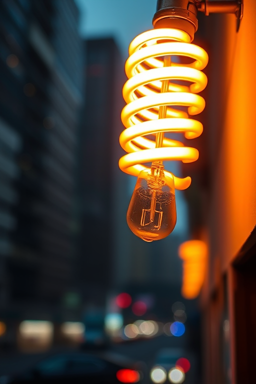 A glowing spiral fluorescent light bulb with vibrant orange accents, set against a blurred cityscape background with sparkling bokeh effects, captured with a Canon EOS 5D Mark IV at f/2.8, ISO 100, 1/125s, using a shallow depth of field to enhance the lighting effects.