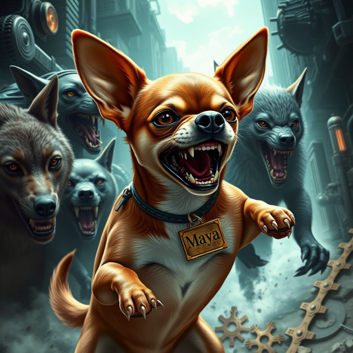 "Create a highly detailed and realistic image of a short-haired Chihuahua named Maya in an extremely fierce and enraged warrior pose. She is battling a pack of wolves and an alien creature, fighting for her life and the life of her owner. The Chihuahua should have a wild and aggressive appearance, with bared teeth and fierce eyes, showcasing her determination despite the overwhelming odds. She should have a distinct white patch on her chest, while the rest of her fur should be brown. A large tag with the name 'Maya' should be prominently displayed around her neck. The background should feature a sci-fi and steampunk style, filled with futuristic mechanical elements and Victorian technology, blending an urban landscape with fantastical details such as gears and steam."