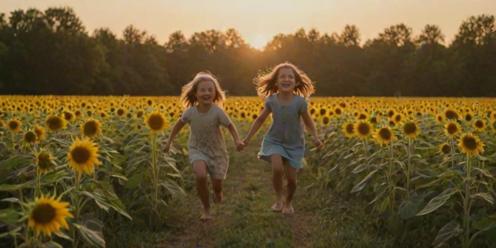 Children running through a sunflower field, their laughter echoing in the warm afternoon air, as the sun dips lower in the sky.