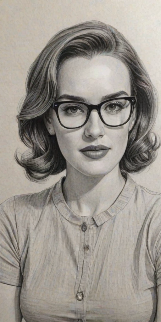 Beauteous Elizabeth Henstridge, pencil sketch, portrait of Wonderful woman 1952s in glasses, hair style beatnik, outline, clear lines, fine lines, 8k