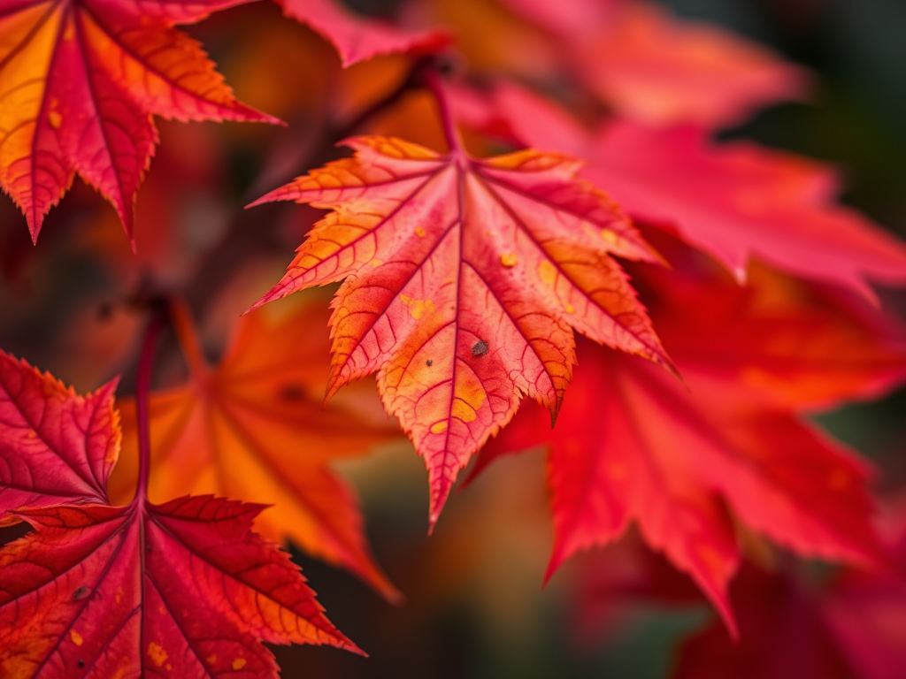 close-up shot of vibrant autumn leaves in shades of red, orange, and yellow, captured with a macro lens at f/2.8, ISO 100, shutter speed 1/250s, natural light, all-focus composition