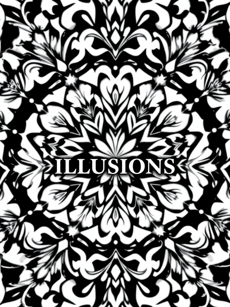 Create a high-resolution black and white graphic design featuring intricate symmetrical floral patterns with the word "ILLUSIONS" prominently displayed in the center, shot in a 50mm lens at f/8 for sharp depth of field, using a DSLR camera with natural lighting to enhance contrast and detail.
