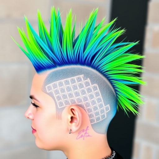 Edgy Neon Mohawk combining vibrant lime green and electric blue in a bold spiked mohawk style with shaved sides featuring intricate geometric patterns