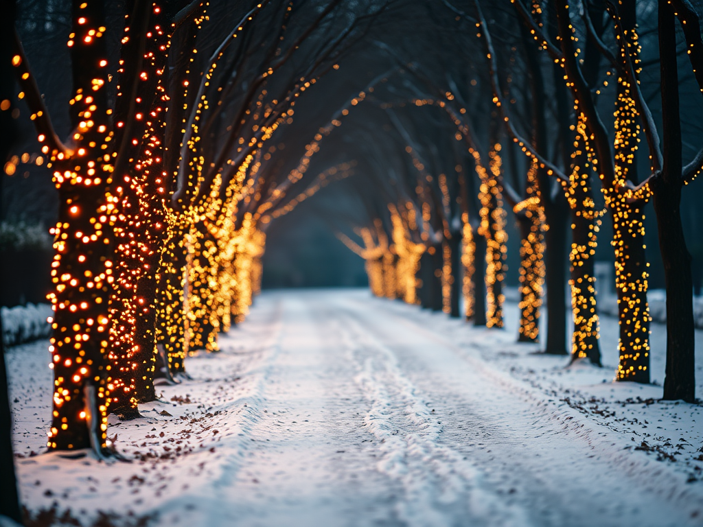 snowy pathway lined with trees adorned with warm fairy lights, soft focus, wide aperture f/1.8, ISO 100, 50mm lens, shallow depth of field, soft natural lighting, DSLR camera, evening light ambiance