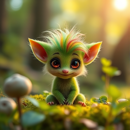 Create an enchanting image of a small, mythical creature with vibrant green fur, large expressive eyes, and colorful shaggy hair, sitting amidst lush greenery in a magical forest, with soft sunlight filtering through the trees, using a DSLR camera, 50mm lens, f/2.8 aperture, ISO 100, and a shallow depth of field to enhance the dreamy atmosphere and focus on the creature.