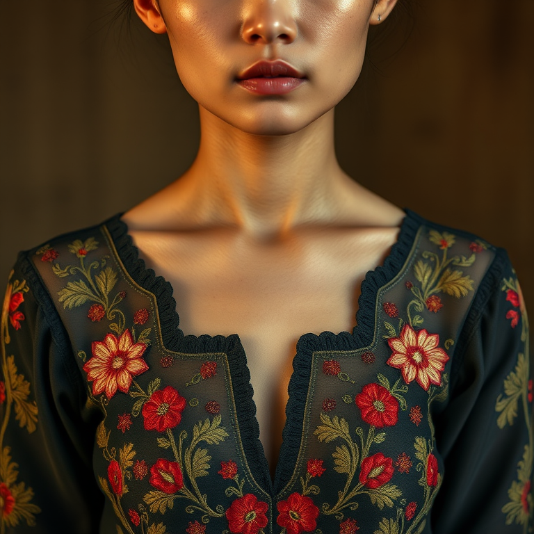 Face, shoulders, chest covered in openwork Vietnamese embroidery. Raw, unedited image.