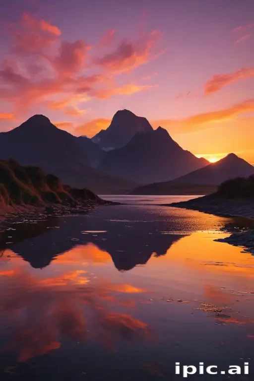 Stunning Sunset Reflection Over Serene Mountain Landscape and Calm Waters