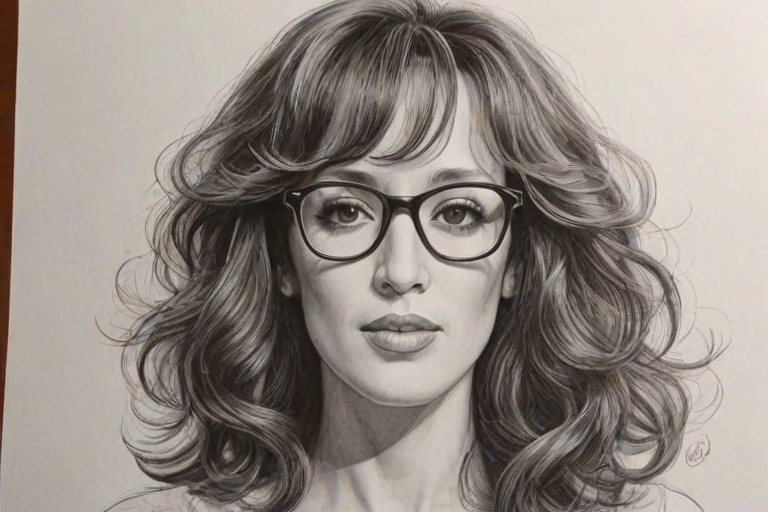 Beauteous Jennifer Beals, pencil sketch, portrait of Enchanting woman 1965s in glasses, hair style beatnik, outline, clear lines, fine lines, 8k