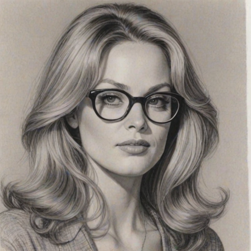 Captivating Beverly D'Angelo, pencil sketch, portrait of Ravishing woman 1968s in glasses, hair style beatnik, outline, clear lines, fine lines, 8k
