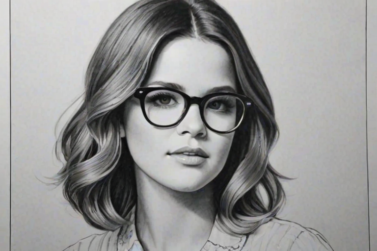 Enchanting Maren Morris, pencil sketch, portrait of Ravishing woman 1947s in glasses, hair style beatnik, outline, clear lines, fine lines, 8k