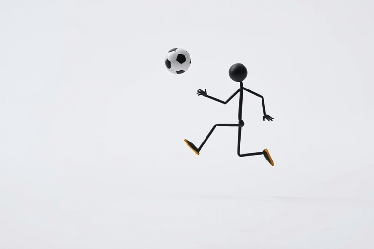 Create an image of a 3D stick figure juggling a soccer ball in a minimalistic white background, captured with a Canon EOS R5, 50mm f/1.2 lens, aperture at f/2.8, ISO 100, and 1/200 shutter speed, using a shallow depth of field for better focus on the figure.