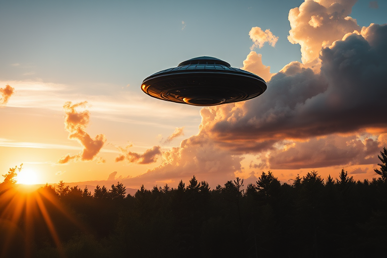 Create a high-resolution image of a UFO hovering above a forest during sunrise with dramatic clouds, using a DSLR camera, 35mm lens, aperture f/8, ISO 200, and a wide-angle view for enhanced depth and clarity.