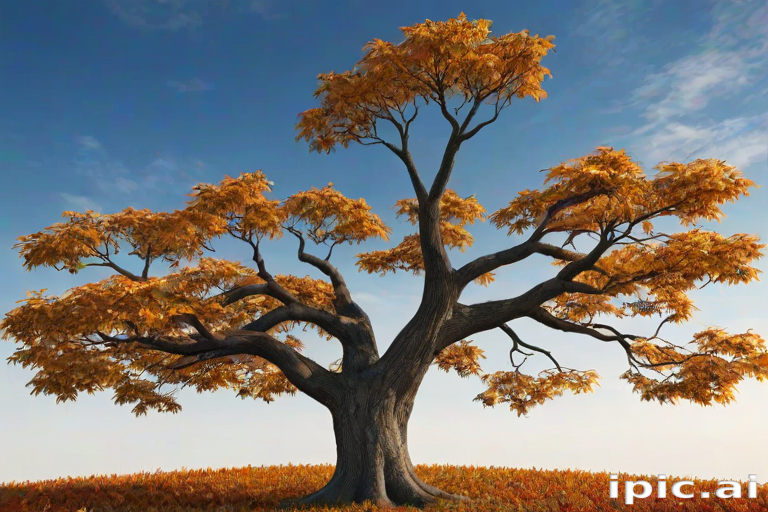 A Majestic Autumn Tree with Vibrant Orange Leaves Against a Clear Sky