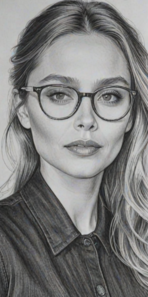 Appealing Elizabeth Olsen, pencil sketch, portrait of Dazzling woman 1946s in glasses, hair style beatnik, outline, clear lines, fine lines, 8k