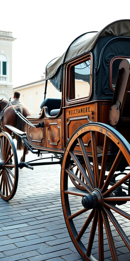 Regenerate an image of a vintage horse-drawn carriage with intricate wooden details and large spoked wheels, captured in a wide-angle view using a DSLR camera with a 50mm lens, aperture set to f/2.8, shutter speed 1/200 sec, ISO 100, in natural light for enhanced clarity and detail.