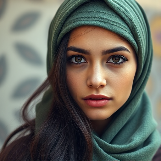 Create a portrait of a young Latino woman with long, dark hair and captivating hazel eyes. She is wearing a green headscarf and a matching scarf draped gracefully around her neck. The background is softly blurred, focusing attention on her serene and natural expression. The overall color palette is muted and warm, enhancing the intimate and authentic feel of the portrait.