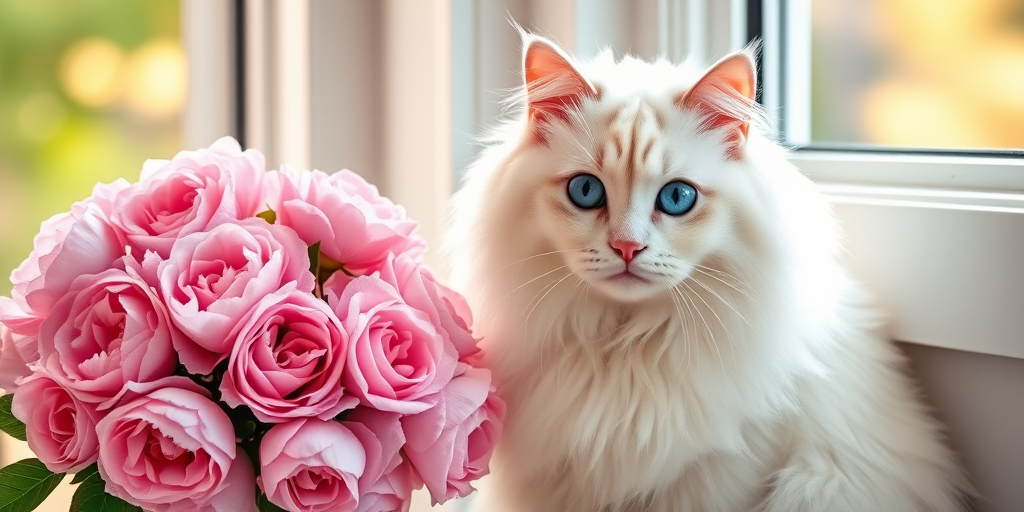 A fluffy white cat with striking blue eyes sitting beside a bouquet of pink peonies and roses in a bright indoor setting next to a window with soft natural light.
