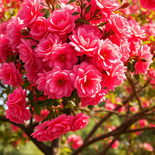 generate an illustration of a vibrant tree with blooming coral roses, focusing on detailed textures and colors, shot with a DSLR camera at f/8 aperture, 50mm lens, ISO 100, in natural daylight to enhance vividness and clarity.