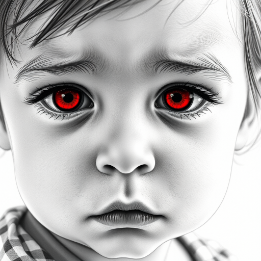 A hyperdetailed photorealistic black and white sketch of a beautiful toddler with deep red eyes, with a macro focus
