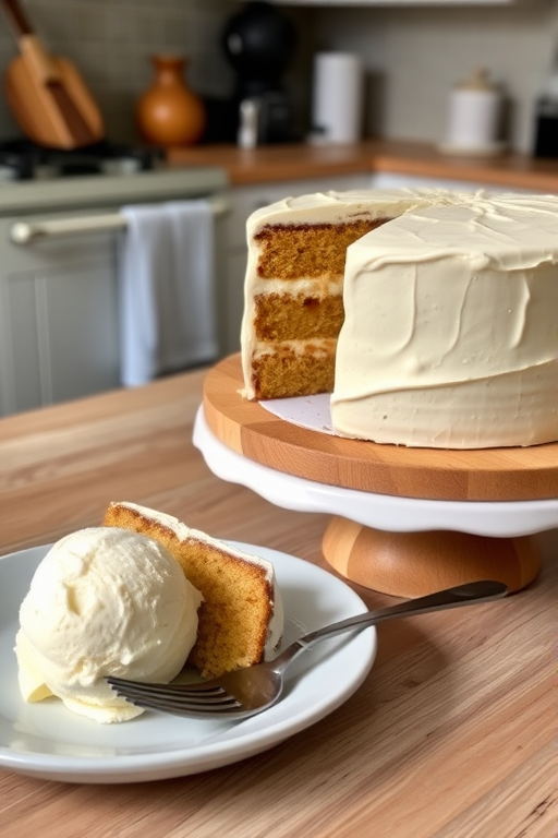 A delicious layered cake with cream frosting on a wooden cake stand with a slice removed served beside a scoop of ice cream on a plate with a fork resting next to it and a cozy kitchen setting in the background.