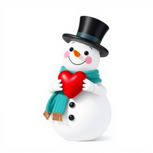 Create a cartoon snowman holding a heart, with a black top hat and a teal scarf, set against a plain white background, using a DSLR camera with a 50mm lens, f/2.8 aperture, ISO 100, and natural lighting to enhance color vibrancy and sharpness.