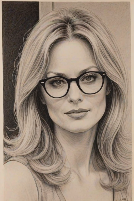 Delightful Beverly D'Angelo, pencil sketch, portrait of Charming woman 1973s in glasses, hair style beatnik, outline, clear lines, fine lines, 8k