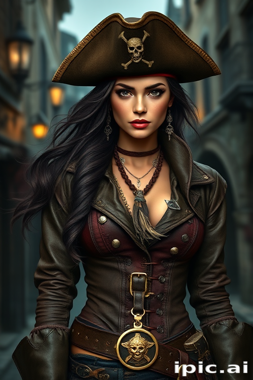 Create a portrait of a fierce female pirate. She wears a leather tricorn hat adorned with a skull and crossbones emblem, and her long, dark hair flows around her face. Her outfit consists of a richly detailed leather jacket, a corset, and multiple layers of belts and accessories, giving her a formidable and stylish appearance. She stands confidently in a dimly lit, historic port town, with a backdrop of weathered buildings and cobblestone streets, capturing the adventurous spirit of a pirate.