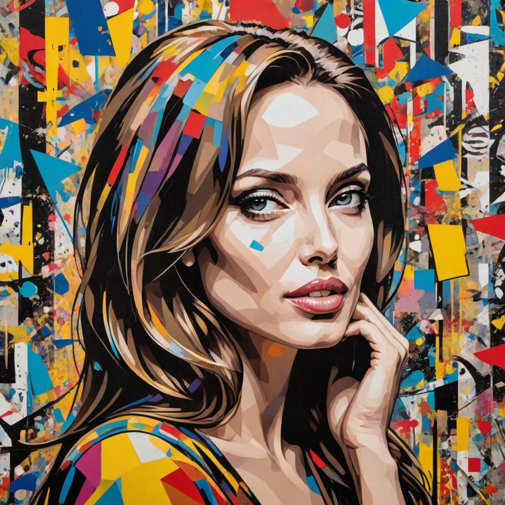 A vibrant artwork blending bohemian style with edgy street art, featuring a young angelina jolie. The design mixes vibrant colors with the modern Disney-inspired style, echoing Roy Lichtenstein's pop art. The overall mood is optimistic and trendy, with elements of Johannes Vermeer’s classic elegance, combined with the geometric abstraction of crystal cubism. add Stockholm silhouette