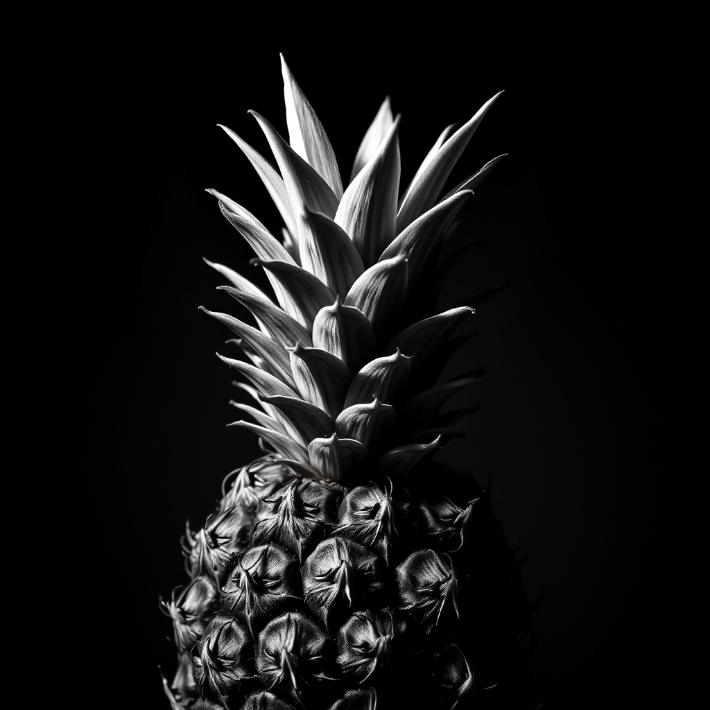 Create a high-contrast black and white image of a pineapple. The pineapple should be prominently featured with a dramatic lighting effect to highlight its texture and details. The background should be completely black to enhance the focus on the pineapple, emphasizing its unique spiky crown and rough skin.