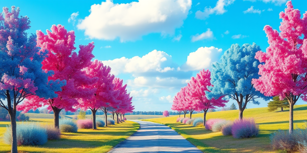 colorful cartoon landscape with vibrant pink and blue trees lining a pathway, soft fluffy clouds in a bright blue sky, high detail, 85mm lens, f/2.8 aperture, ISO 100, shoot in early morning light, DSLR camera