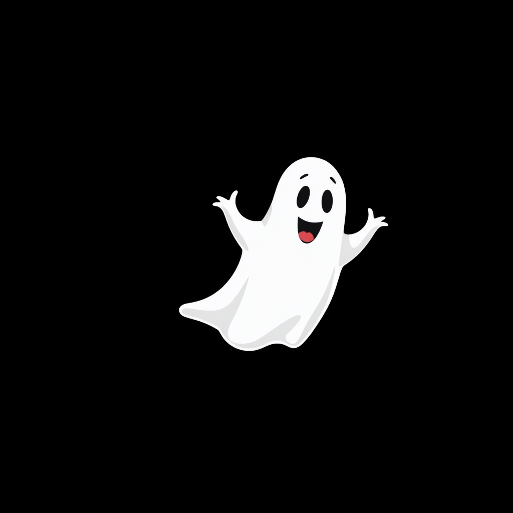Create a stylized illustration of a friendly ghost with a playful expression on a plain black background, using a Canon EOS R5 camera, 50mm lens, f/1.8 aperture, ISO 100, and shooting in RAW format to enhance image quality.