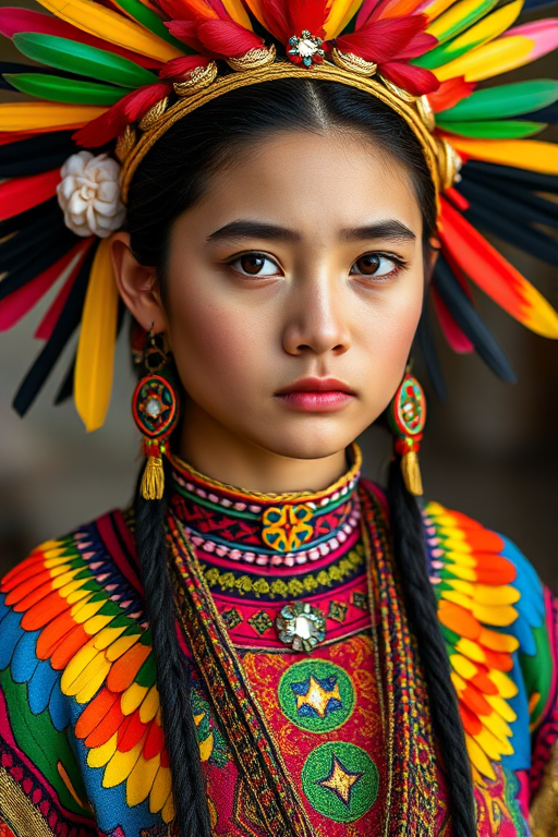 A beautiful Maya girl, wearing colorful bird clothing with vibrant colors
