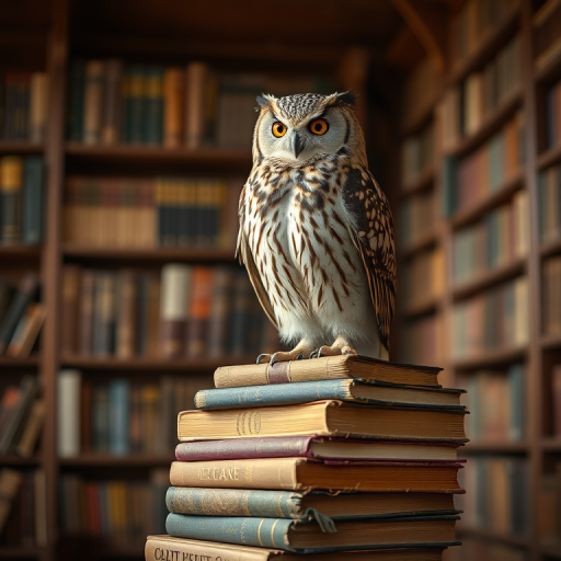 owl perched on a stack of antique books in a library, soft natural light, depth of field focusing on the owl, ISO 200, f/2.8, 50mm lens, DSLR camera, warm tones and rich textures