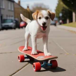 dog on a red skateboard