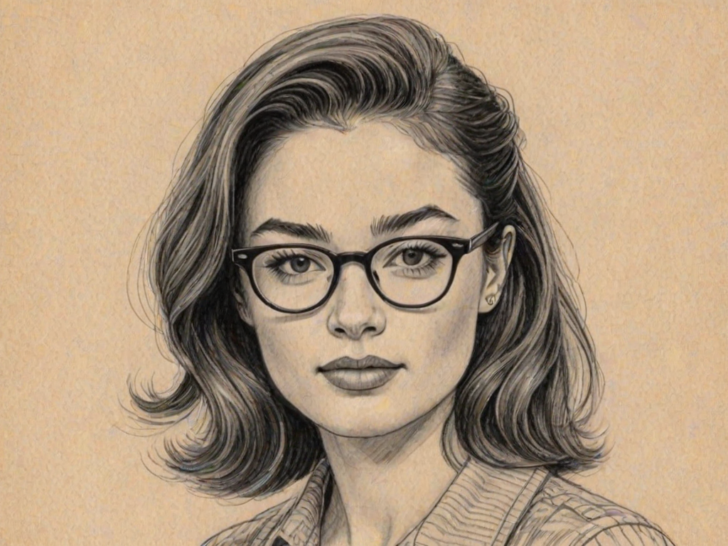 Delightful Crystal Reed, pencil sketch, portrait of Pleasing woman 1959s in glasses, hair style beatnik, outline, clear lines, fine lines, 8k