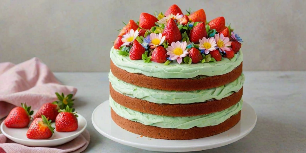 Generate an image of a layered cake with a light green frosting. The cake has visible layers of strawberry filling and is decorated with fresh strawberries and colorful flowers on top. The background should have a simple, neutral tone to highlight the cake.