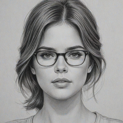 Captivating Shelley Hennig, pencil sketch, portrait of Enchanting woman 1966s in glasses, hair style beatnik, outline, clear lines, fine lines, 8k