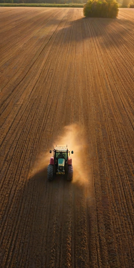 Crisp, detailed image of a farmer plowing a field at sunset, the tractor kicking up dust, golden light casting long shadows across the earth, rows of freshly tilled soil stretching into the distance, a flock of birds flying overhead.
