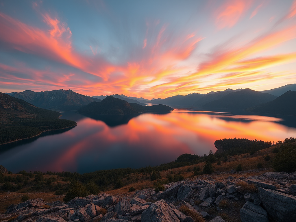 Create a high-resolution image of a serene landscape featuring a calm lake surrounded by mountains during sunset, shot with a Canon EOS R5 at f/8, ISO 100, shutter speed 1/250s, in landscape orientation with a wide-angle lens to capture the vibrant colors and reflections.
