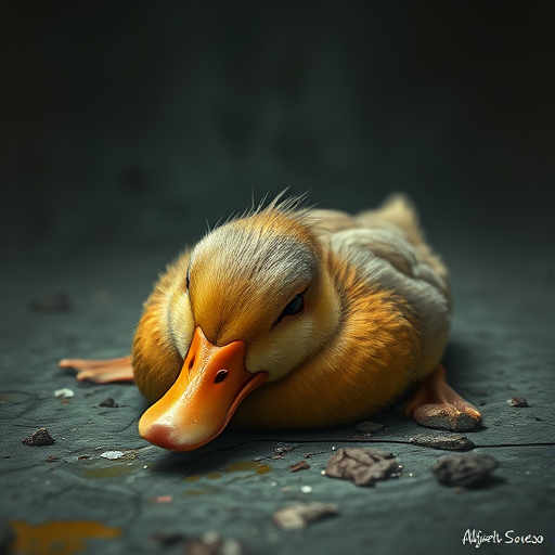 Stunning image of a cute adorable tired looking wacky duck laying flat on the ground, no emotions, moody, grainy, noisy, concept art, by Alberto Seveso, Cyril Rolando, Dan Mumford, Meaningful Visual Art, Detailed Painting, Digital Illustration,