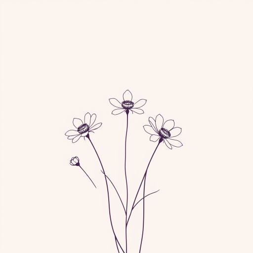 Create a minimalist floral illustration with soft pastel colors, featuring delicate line art of flowers centered on a light pink background, using a Canon EOS R5 camera with a 50mm f/1.2 lens at aperture f/2.8, focusing on fine details and a shallow depth of field for a smooth, blurred background effect.