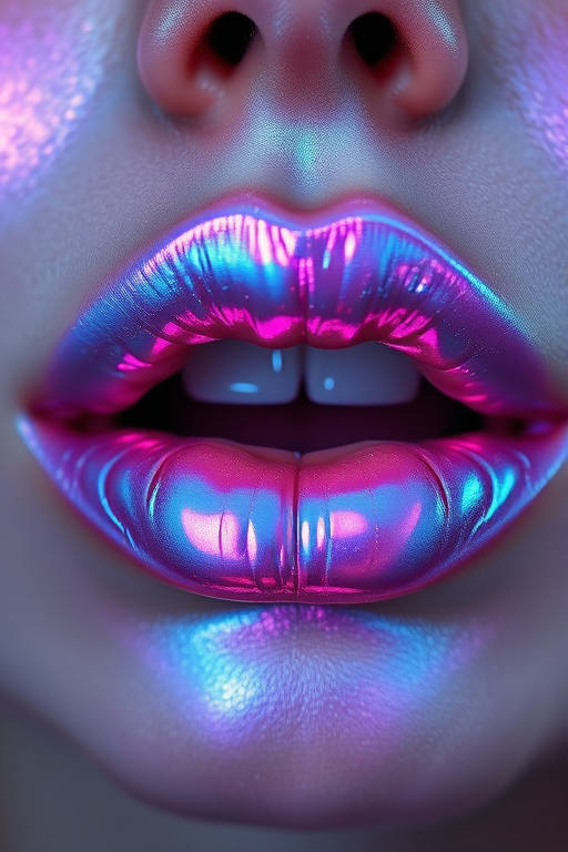 Ethereal holographic lips shimmering with iridescent blues and purples, creating a multidimensional appearance that shifts colors as light moves across them
