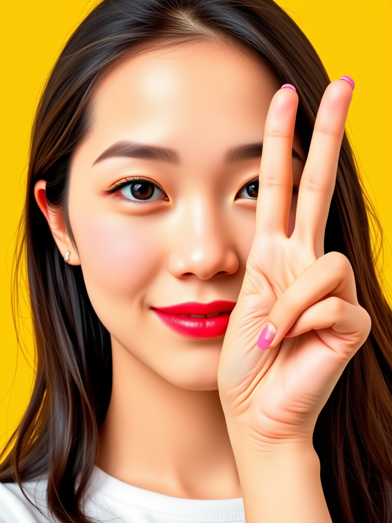Generate a high-resolution vector illustration of a young woman making a peace sign with her hand, set against a solid yellow background, using a Canon EOS R5 with a 50mm f/1.2 lens, ISO 100, aperture f/2.8, and a soft lighting setup for a natural look.